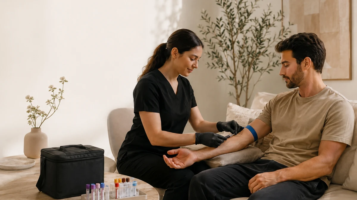 A phlebotomist drawing blood from a patient during a Nova & You mobile lab visit