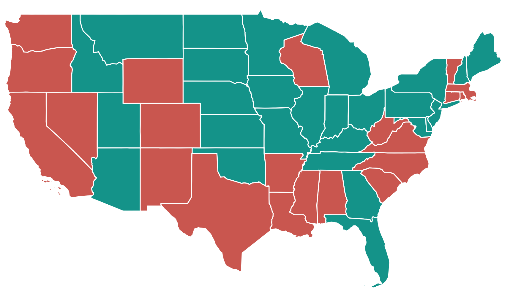 Map of the contiguous United States shaded by testing availability: 27 states available now, the rest not yet available